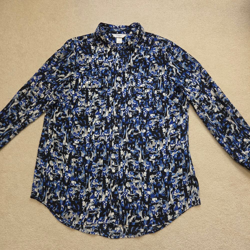 Cj Banks X Button Front Long Sleeve Collared Tunic Blouse Top Blue